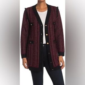 LOVE TOKEN PARISIAN TWEED CARDIGAN SWEATER BUTTON FRONT IN BURGUNDY AND METTLIC